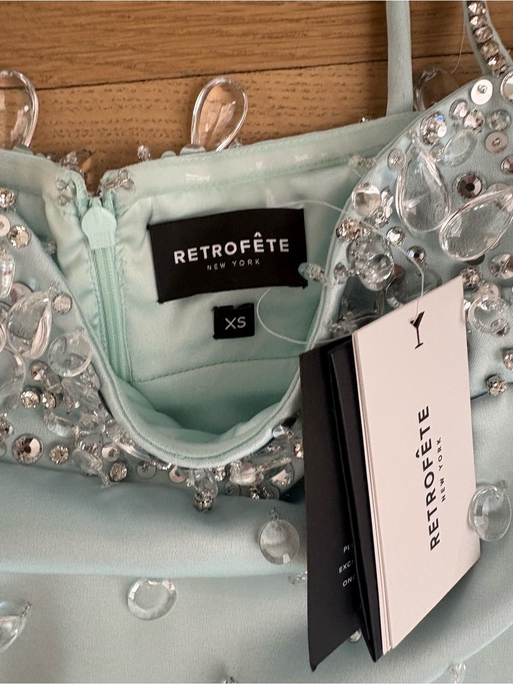 RETROFÊTE Lorelei Dress - Mint Embellished Satin Mini Dress - Picture 6 of 8